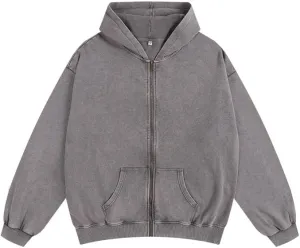 Men's Zip-Up Hoodies Solid Hip-Hop Y2K Oversize Wash Old Craft Basic Hoodies Heavyweight Casual Fit Sweatshirt