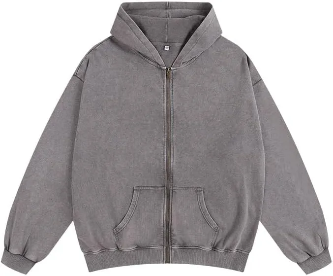 Men's Zip-Up Hoodies Solid Hip-Hop Y2K Oversize Wash Old Craft Basic Hoodies Heavyweight Casual Fit Sweatshirt