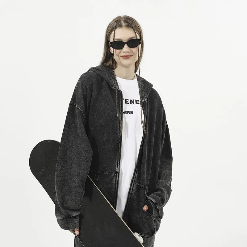 Men's Zip-Up Hoodies Solid Hip-Hop Y2K Oversize Wash Old Craft Basic Hoodies Heavyweight Casual Fit Sweatshirt