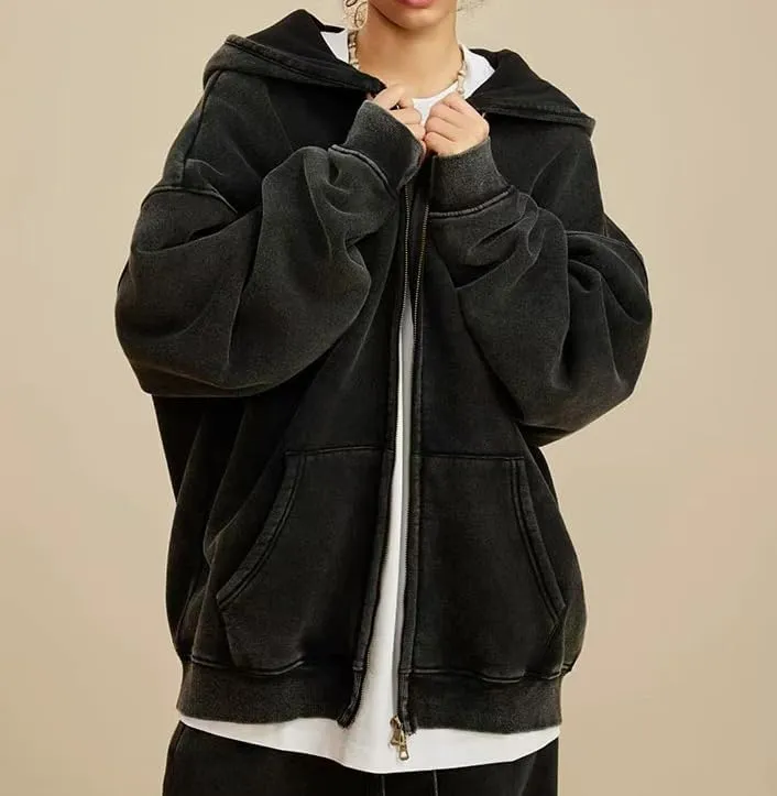 Men's Zip-Up Hoodies Solid Hip-Hop Y2K Oversize Wash Old Craft Basic Hoodies Heavyweight Casual Fit Sweatshirt