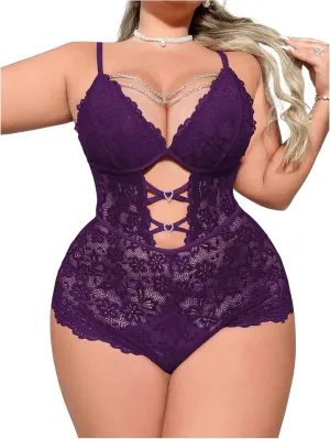 Milumia Women's Plus Size Cut Out Chain Floral Lace Lingerie Bodysuits