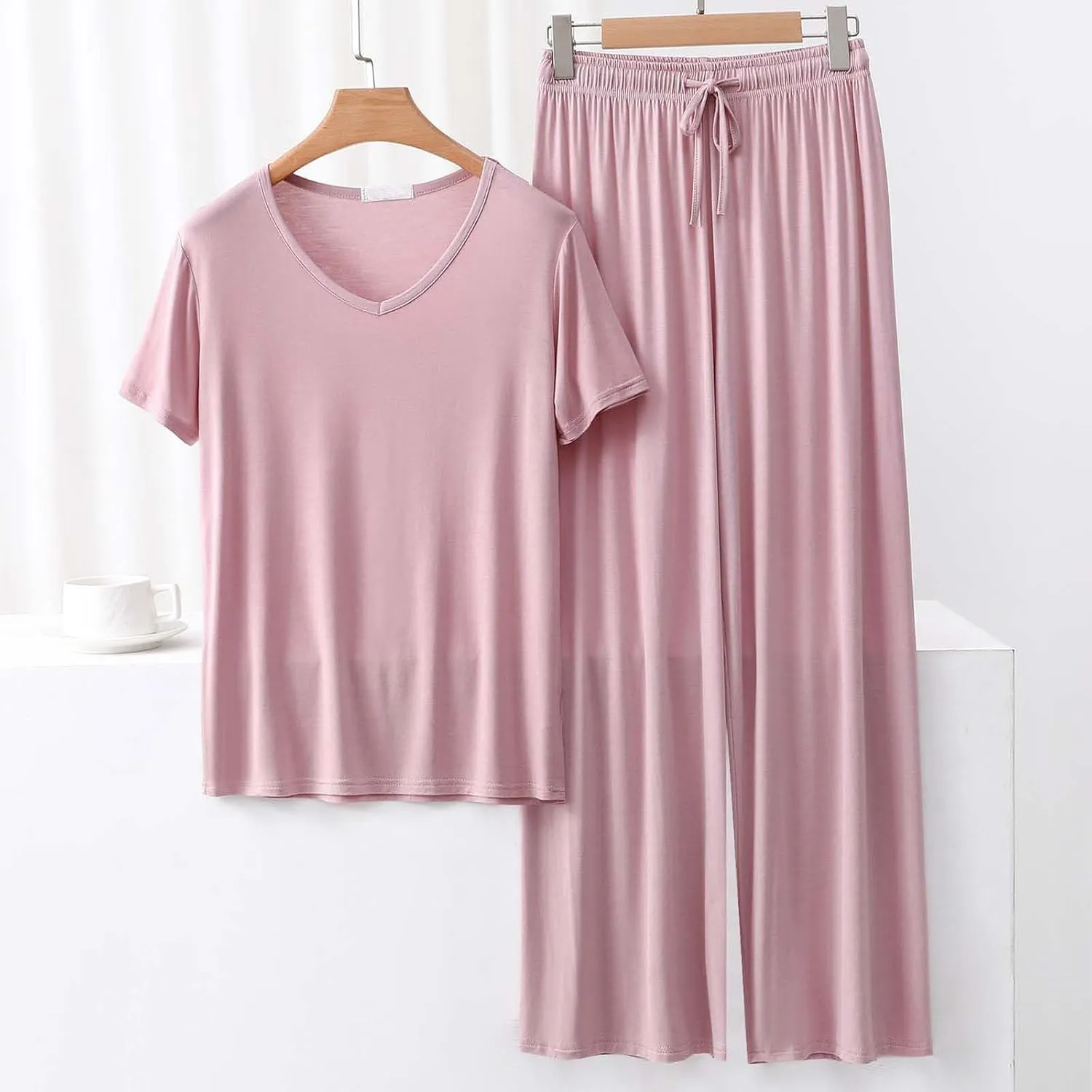 Modal Pajama Sets Women's 2 Piece Pjs Sets Summer Sleepwear Lounge Set Short Sleeve Crew Neck Top With Wide Leg Pants