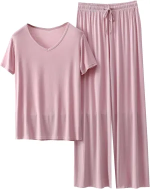 Modal Pajama Sets Women's 2 Piece Pjs Sets Summer Sleepwear Lounge Set Short Sleeve Crew Neck Top With Wide Leg Pants