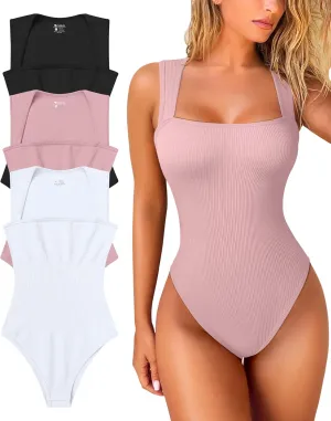 MOLERFO Women's 3 Piece Bodysuits Sexy Ribbed Strappy Square Neck Sleeveless Tummy Control Tank Tops Bodysuits