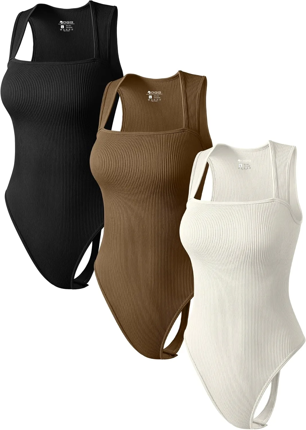 MOLERFO Women's 3 Piece Bodysuits Sexy Thongs Ribbed Strappy Square Neck Tummy Control Bodysuits (Black&Brown&Beige,Medium)