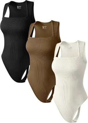 MOLERFO Women's 3 Piece Bodysuits Sexy Thongs Ribbed Strappy Square Neck Tummy Control Bodysuits (Black&Brown&Beige,Medium)