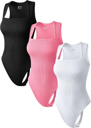 MOLERFO Women's 3 Piece Bodysuits Sexy Thongs Ribbed Strappy Square Neck Tummy Control Bodysuits (Black&Pink&White,Small)