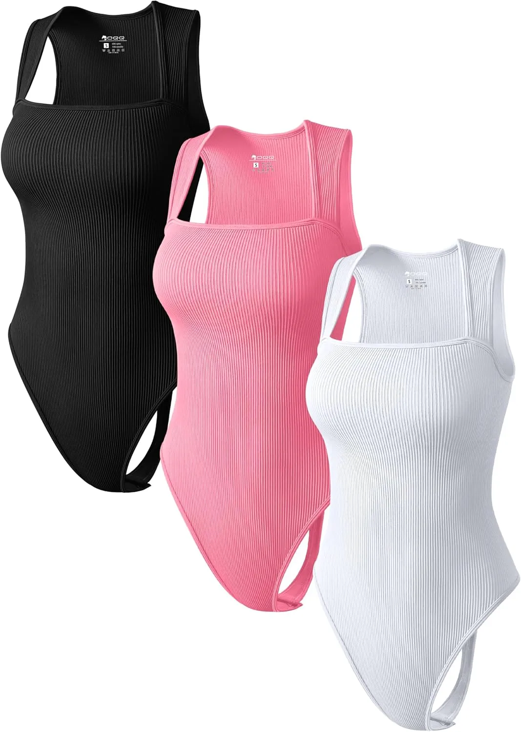 MOLERFO Women's 3 Piece Bodysuits Sexy Thongs Ribbed Strappy Square Neck Tummy Control Bodysuits (Black&Pink&White,Small)
