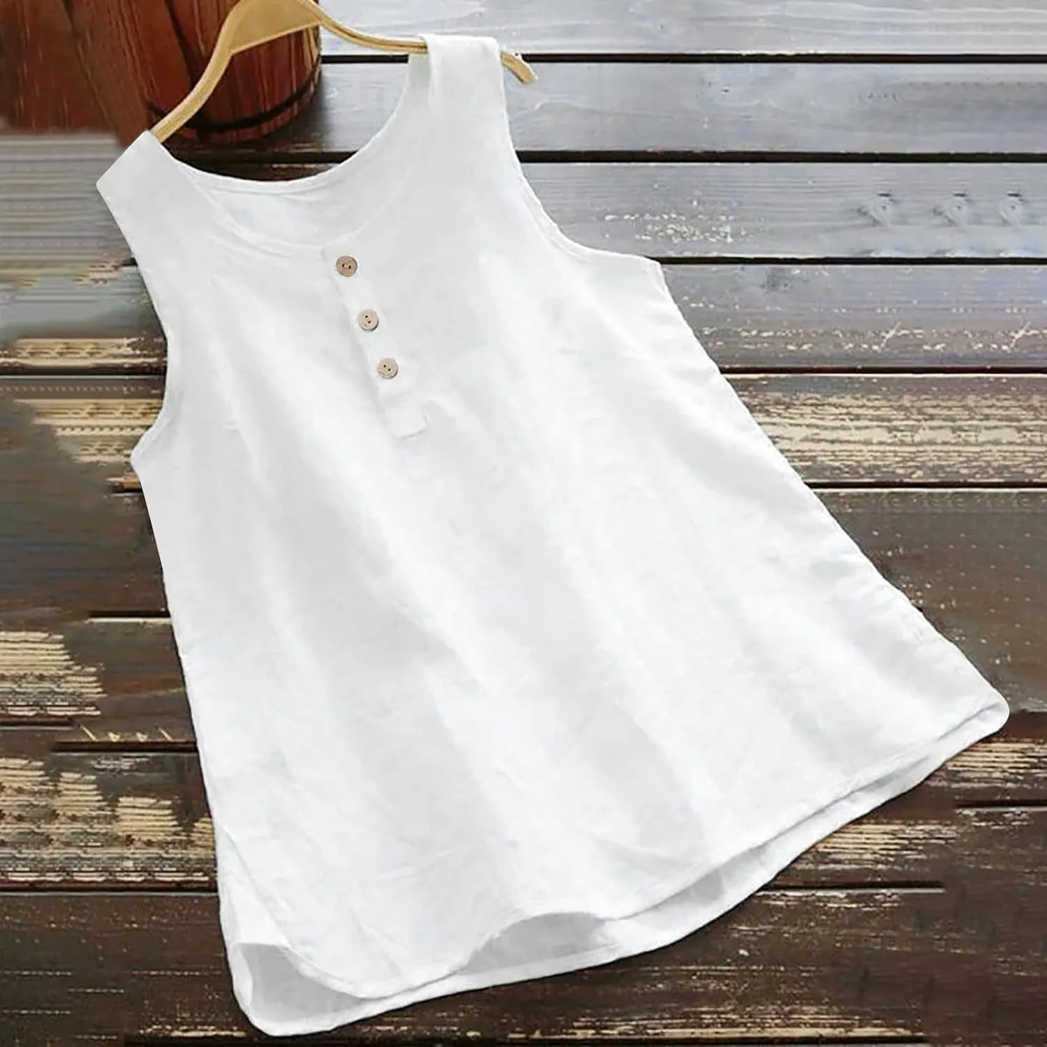 Mzkdieey Cotton Linen Tank Tops for Women Scoop Neck Button Down Henley Shirts Summer Casual Sleeveless Loose Fit T-Shirt
