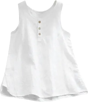 Mzkdieey Cotton Linen Tank Tops for Women Scoop Neck Button Down Henley Shirts Summer Casual Sleeveless Loose Fit T-Shirt