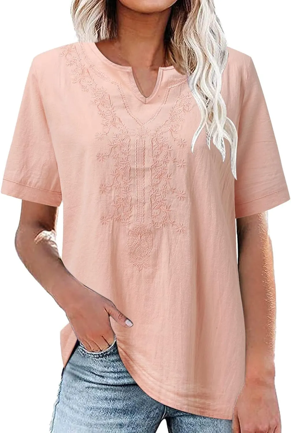 Mzkdieey Women's Floral Embroidered Mexican Peasant Blouse Summer Notch V Neck Short Sleeve Bohemian Tops Loose Fit T-Shirt