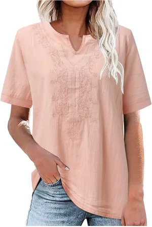 Mzkdieey Women's Floral Embroidered Mexican Peasant Blouse Summer Notch V Neck Short Sleeve Bohemian Tops Loose Fit T-Shirt