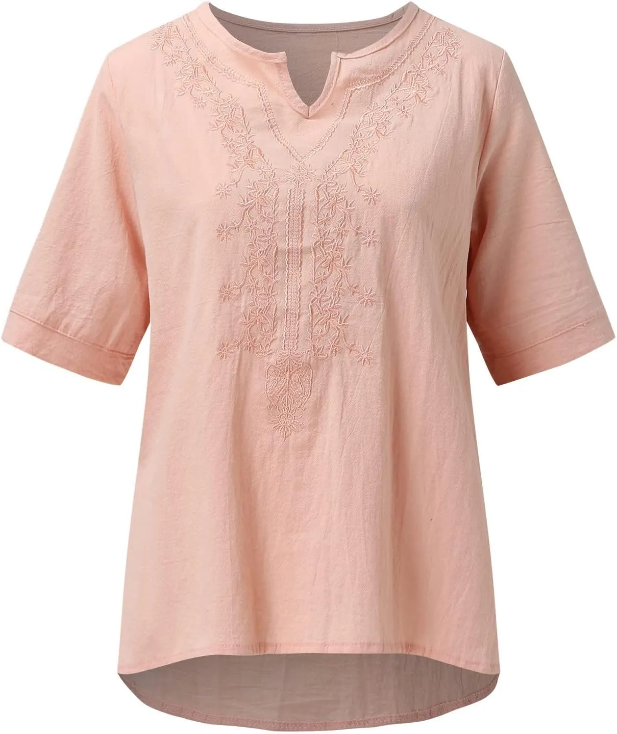 Mzkdieey Women's Floral Embroidered Mexican Peasant Blouse Summer Notch V Neck Short Sleeve Bohemian Tops Loose Fit T-Shirt