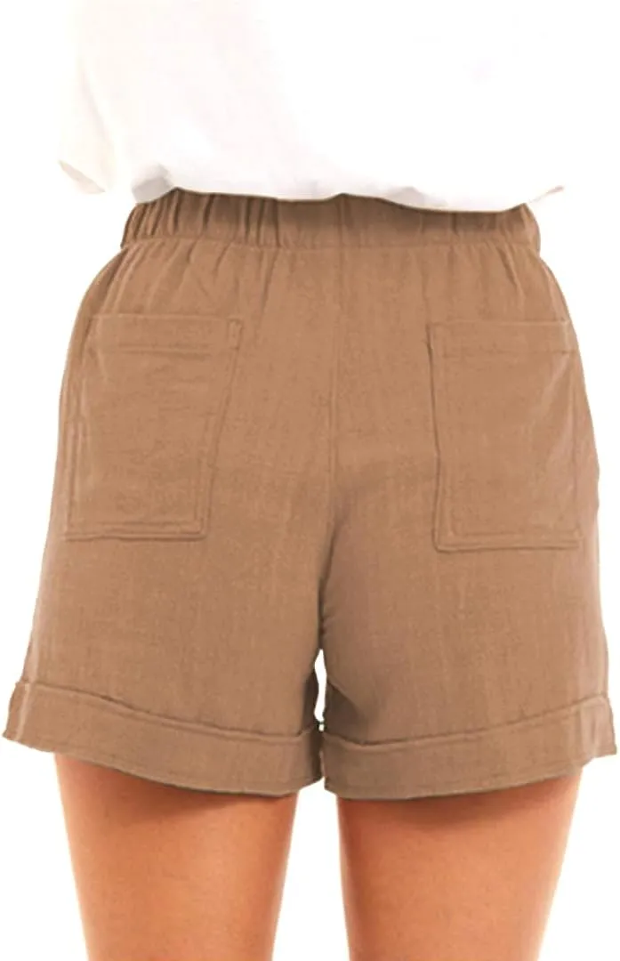 NEYOUQE Womens Cotton Linen Casual Summer Elastic Waist Comfy Shorts with Pocket