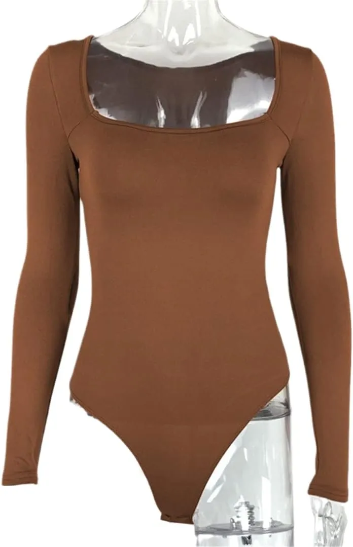 O Neck Long Sleeve Solid White Sexy Bodysuit Women Black Autumn Winter Body Top Gray Casual Lady Streetwear Bodysuits Square Collar Brown XL