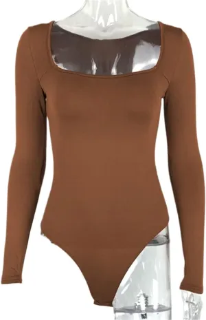 O Neck Long Sleeve Solid White Sexy Bodysuit Women Black Autumn Winter Body Top Gray Casual Lady Streetwear Bodysuits Square Collar Brown XL