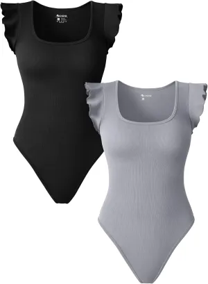 OQQ Women 2 Piece Bodysuits Sexy Ribbed Square Neck Ruffles Sleeve Stretch Fit Basic Tank Tops Bodysuits