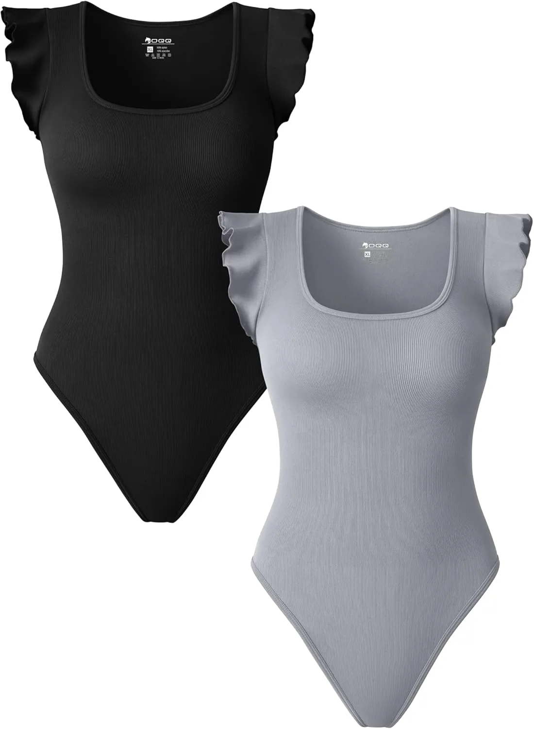 OQQ Women 2 Piece Bodysuits Sexy Ribbed Square Neck Ruffles Sleeve Stretch Fit Basic Tank Tops Bodysuits