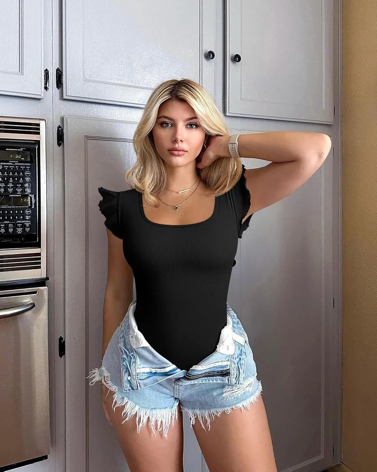OQQ Women 2 Piece Bodysuits Sexy Ribbed Square Neck Ruffles Sleeve Stretch Fit Basic Tank Tops Bodysuits