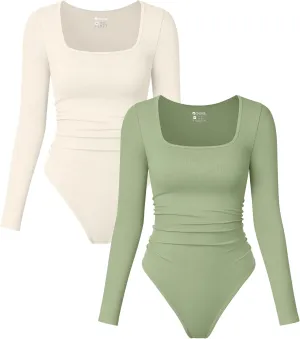 OQQ Womens 2 Piece Bodysuits Long Sleeve Square Neck Ruched Stretch Fitted Bodysuits