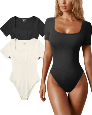 OQQ Women's 2 Piece Bodysuits Sexy Ribbed One Piece Square Neck Short Sleeve Bodysuits