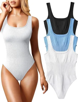 OQQ Women's 3 Piece Bodysuits Sexy Ribbed Sleeveless Square Neck Sleeveless Tank Tops Bodysuits Size Small