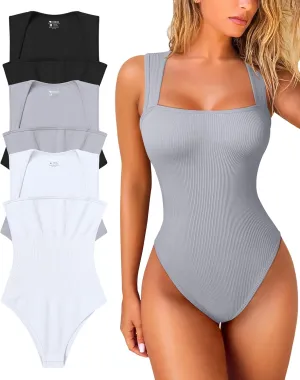 OQQ Women's 3 Piece Bodysuits Sexy Ribbed Strappy Square Neck Sleeveless Tummy Control Tank Tops Bodysuits