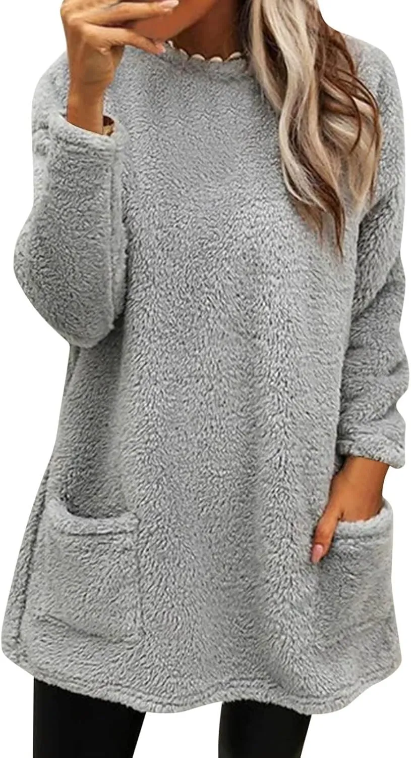 Oversized Sweaters For Women Casual Fleece Fuzzy Faux Shearling Warm Winter Outwear sweatshirt Shaggy Coat Cute hoodie