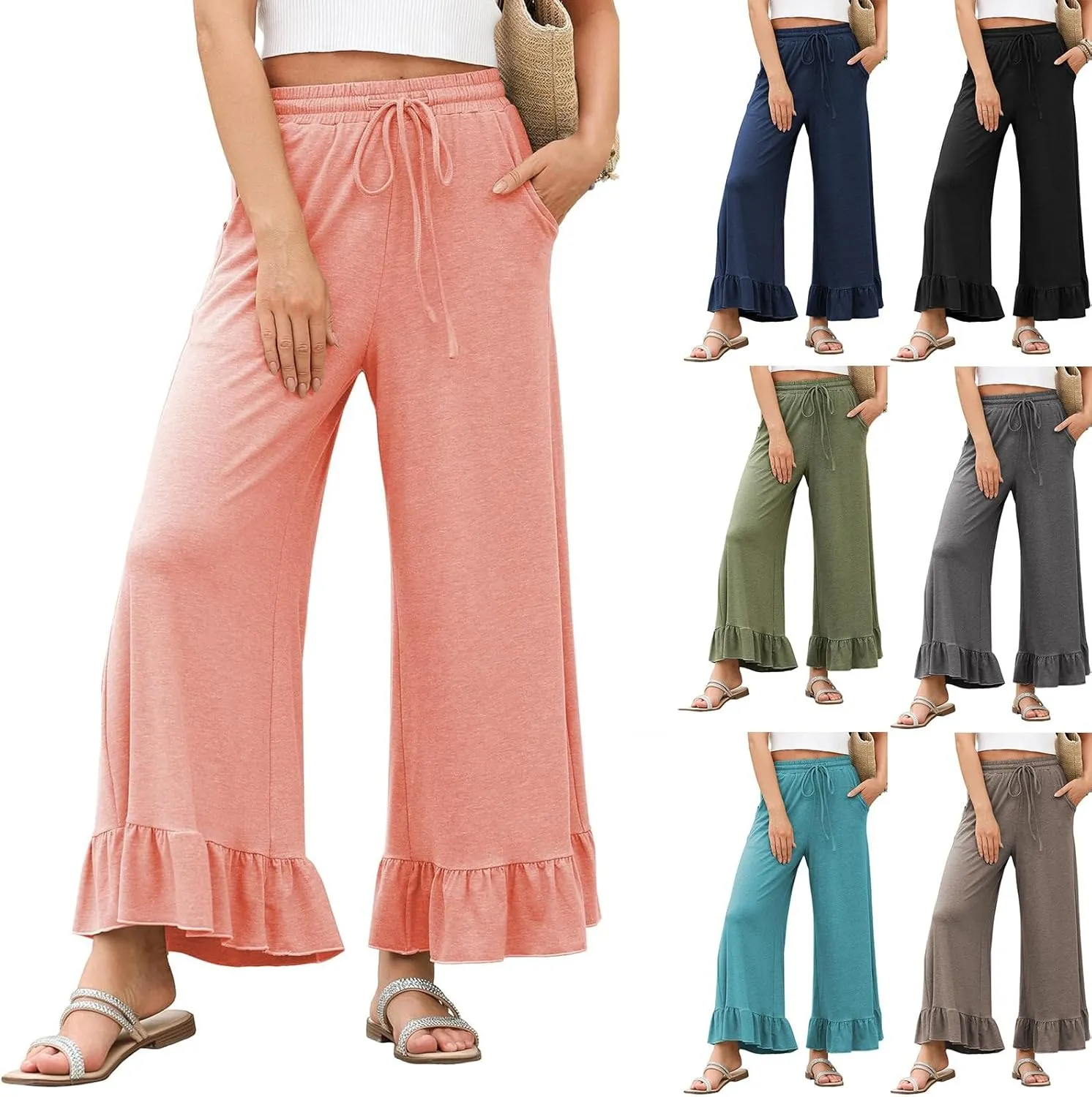 Palazzo Pants for Women Casual High Waisted Ruffle Hem Wide Leg Lounge Pants with Pockets Flowy Summer Beach Outfits