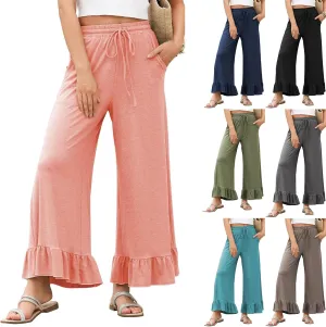 Palazzo Pants for Women Casual High Waisted Ruffle Hem Wide Leg Lounge Pants with Pockets Flowy Summer Beach Outfits
