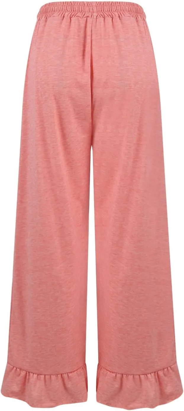 Palazzo Pants for Women Casual High Waisted Ruffle Hem Wide Leg Lounge Pants with Pockets Flowy Summer Beach Outfits