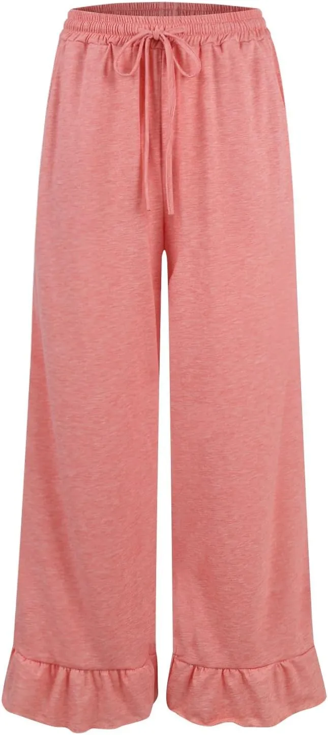 Palazzo Pants for Women Casual High Waisted Ruffle Hem Wide Leg Lounge Pants with Pockets Flowy Summer Beach Outfits