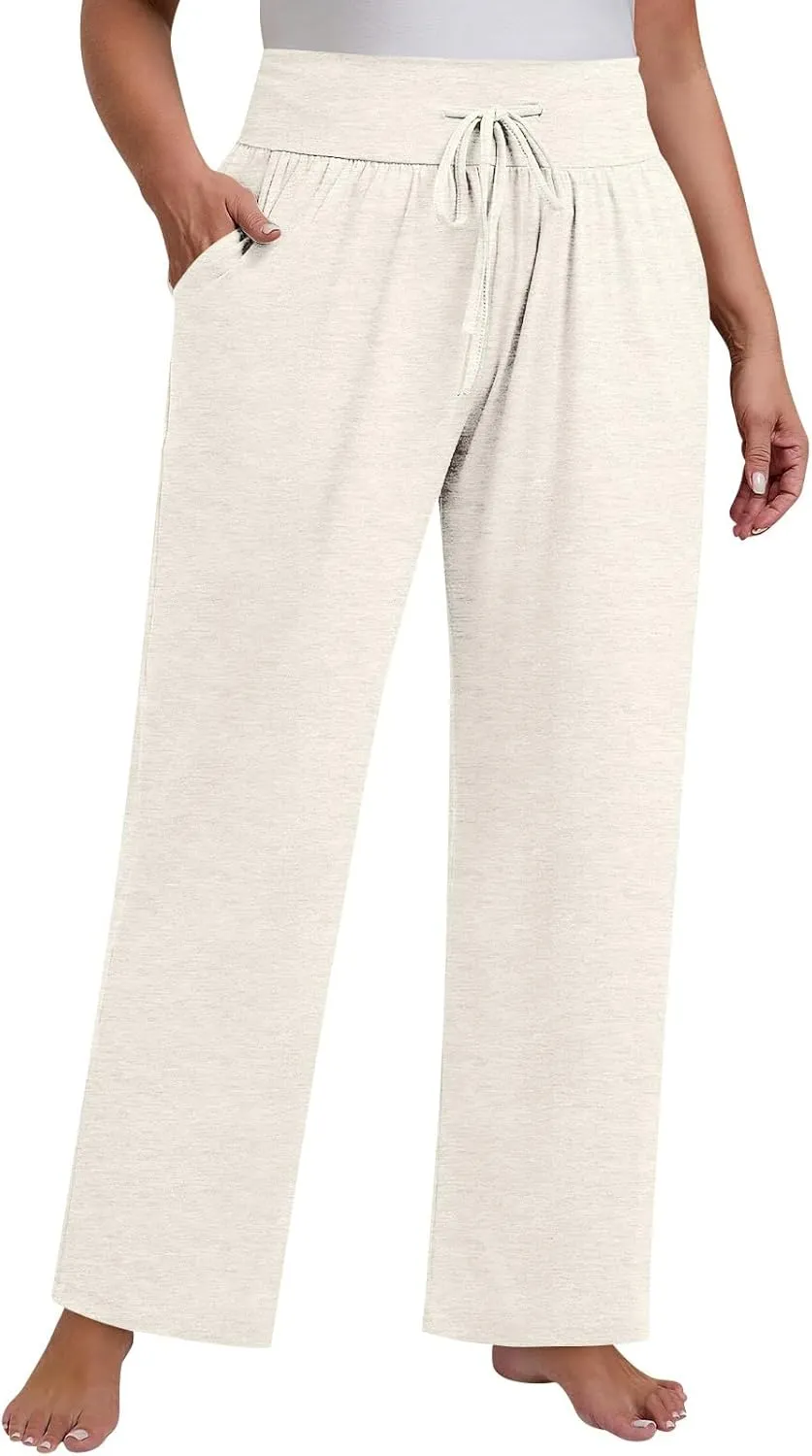 Palazzo Pants Women Plus Size Elastic Waist Casual Pants Drawstring Loose Yoga Pants Lightweight Flowy Wide Leg Pants