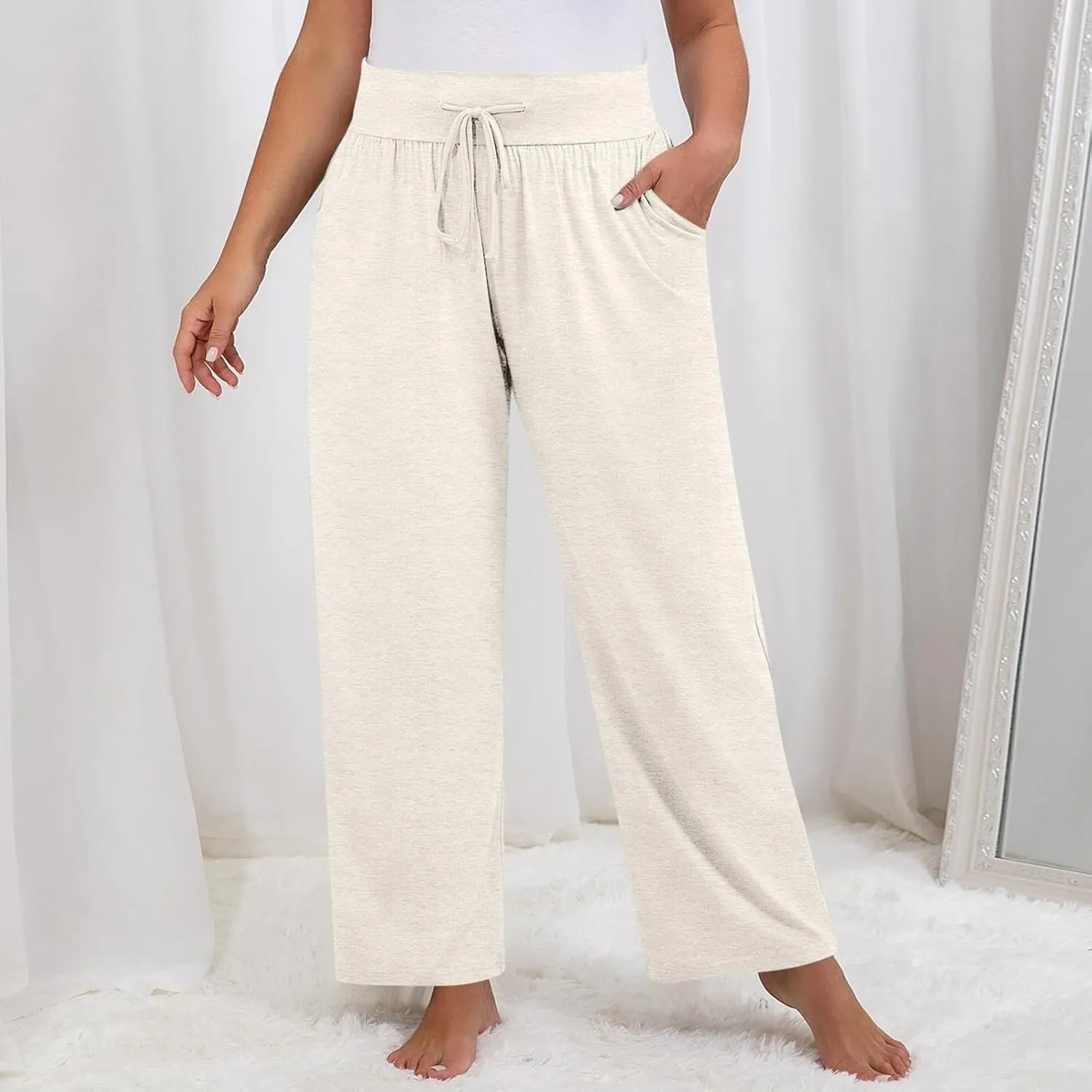 Palazzo Pants Women Plus Size Elastic Waist Casual Pants Drawstring Loose Yoga Pants Lightweight Flowy Wide Leg Pants