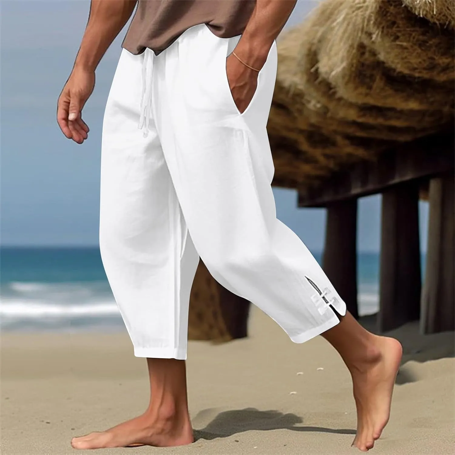 Plus Size Cropped Pants Men Summer Drawstring Elastic Waist Pants Crop Linen Pants with Pockets Hippie Harem Pants
