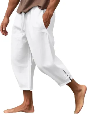 Plus Size Cropped Pants Men Summer Drawstring Elastic Waist Pants Crop Linen Pants with Pockets Hippie Harem Pants