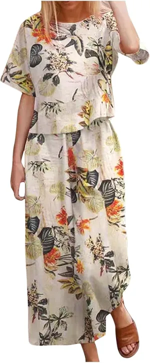 Plus Size Summer Outfits for Women 2 Piece Cotton Linen Sets Short Sleeve Tops Wide Leg Pants Lounge Matching Sets