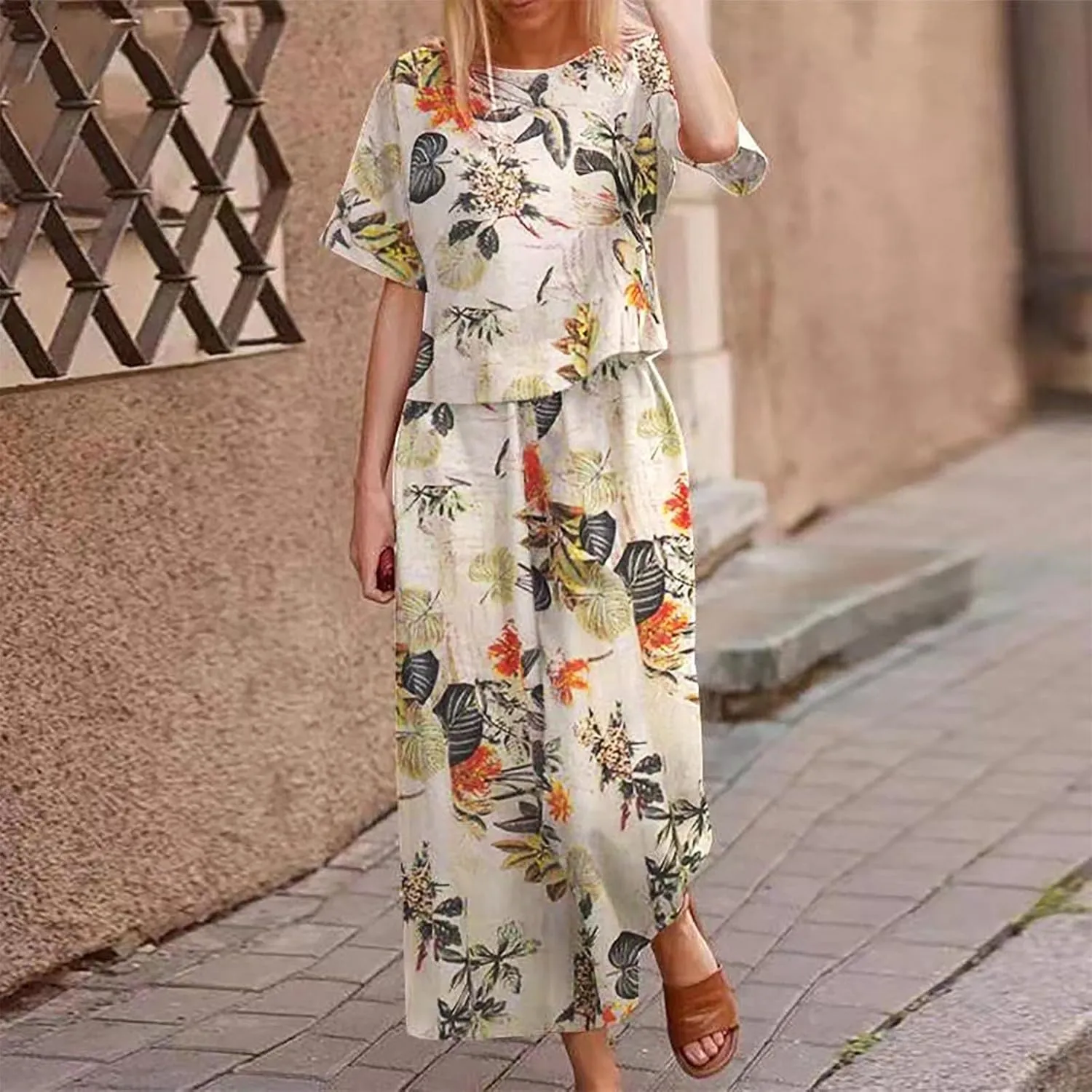 Plus Size Summer Outfits for Women 2 Piece Cotton Linen Sets Short Sleeve Tops Wide Leg Pants Lounge Matching Sets