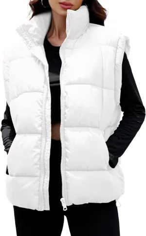 Polu Womens Puffer Vests Oversized Outerwear Vests Stand Collar Sleeveless Padded Down Jackets with Pockets