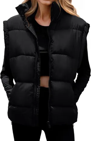 Polu Womens Puffer Vests Oversized Outerwear Vests Stand Collar Sleeveless Padded Down Jackets with Pockets