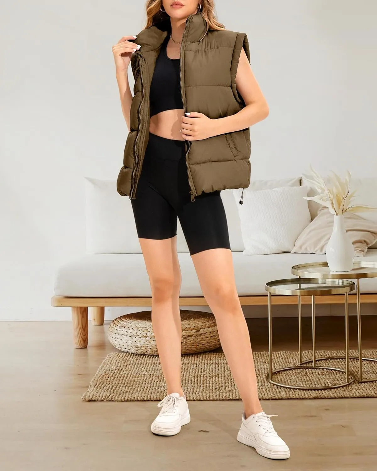 Polu Womens Puffer Vests Oversized Outerwear Vests Stand Collar Sleeveless Padded Down Jackets with Pockets