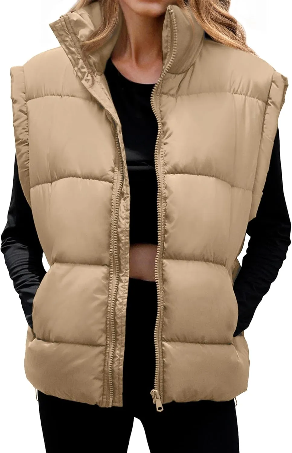 Polu Womens Puffer Vests Oversized Outerwear Vests Stand Collar Sleeveless Padded Down Jackets with Pockets