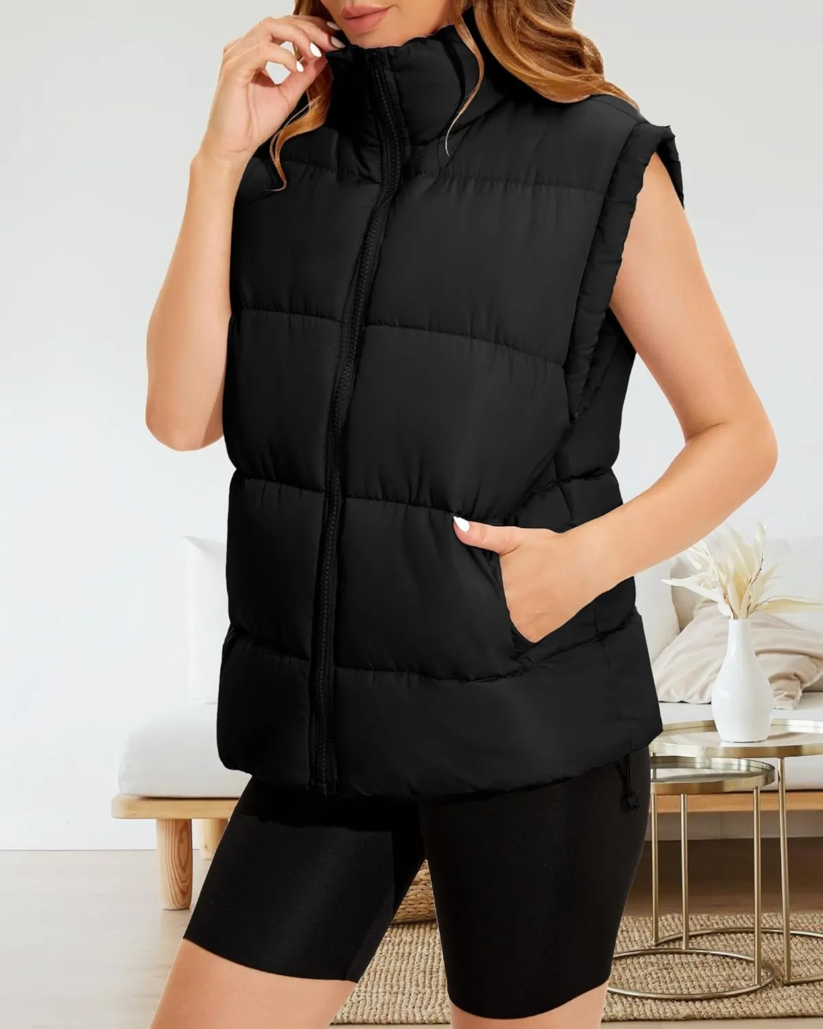 Polu Womens Puffer Vests Oversized Outerwear Vests Stand Collar Sleeveless Padded Down Jackets with Pockets