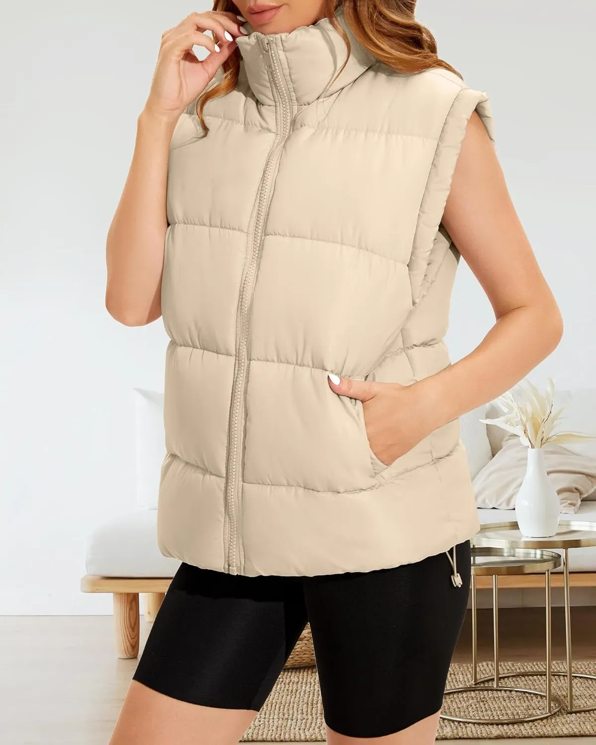 Polu Womens Puffer Vests Oversized Outerwear Vests Stand Collar Sleeveless Padded Down Jackets with Pockets