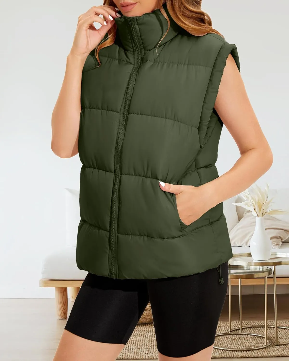 Polu Womens Puffer Vests Oversized Outerwear Vests Stand Collar Sleeveless Padded Down Jackets with Pockets