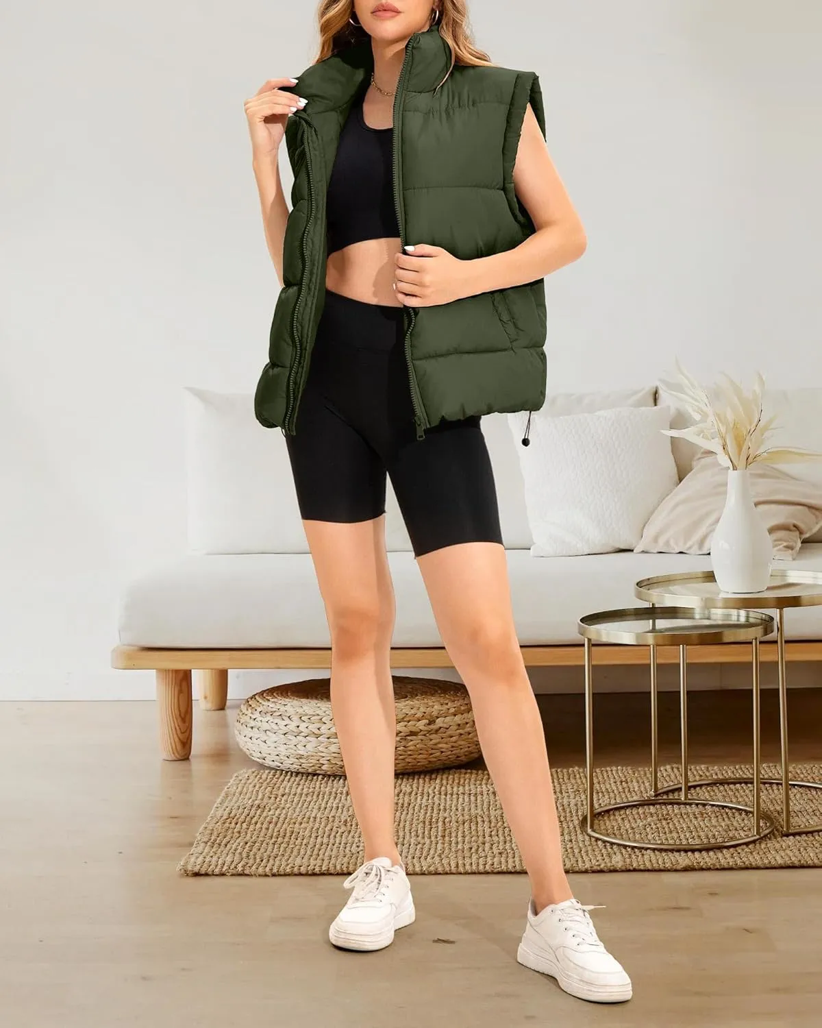 Polu Womens Puffer Vests Oversized Outerwear Vests Stand Collar Sleeveless Padded Down Jackets with Pockets