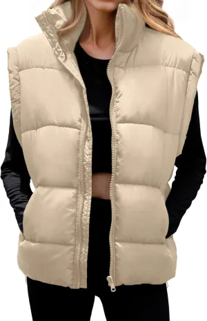 Polu Womens Puffer Vests Oversized Outerwear Vests Stand Collar Sleeveless Padded Down Jackets with Pockets