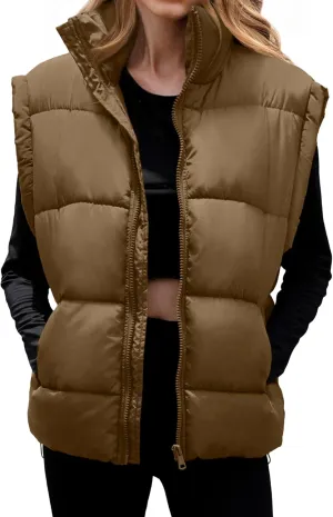 Polu Womens Puffer Vests Oversized Outerwear Vests Stand Collar Sleeveless Padded Down Jackets with Pockets