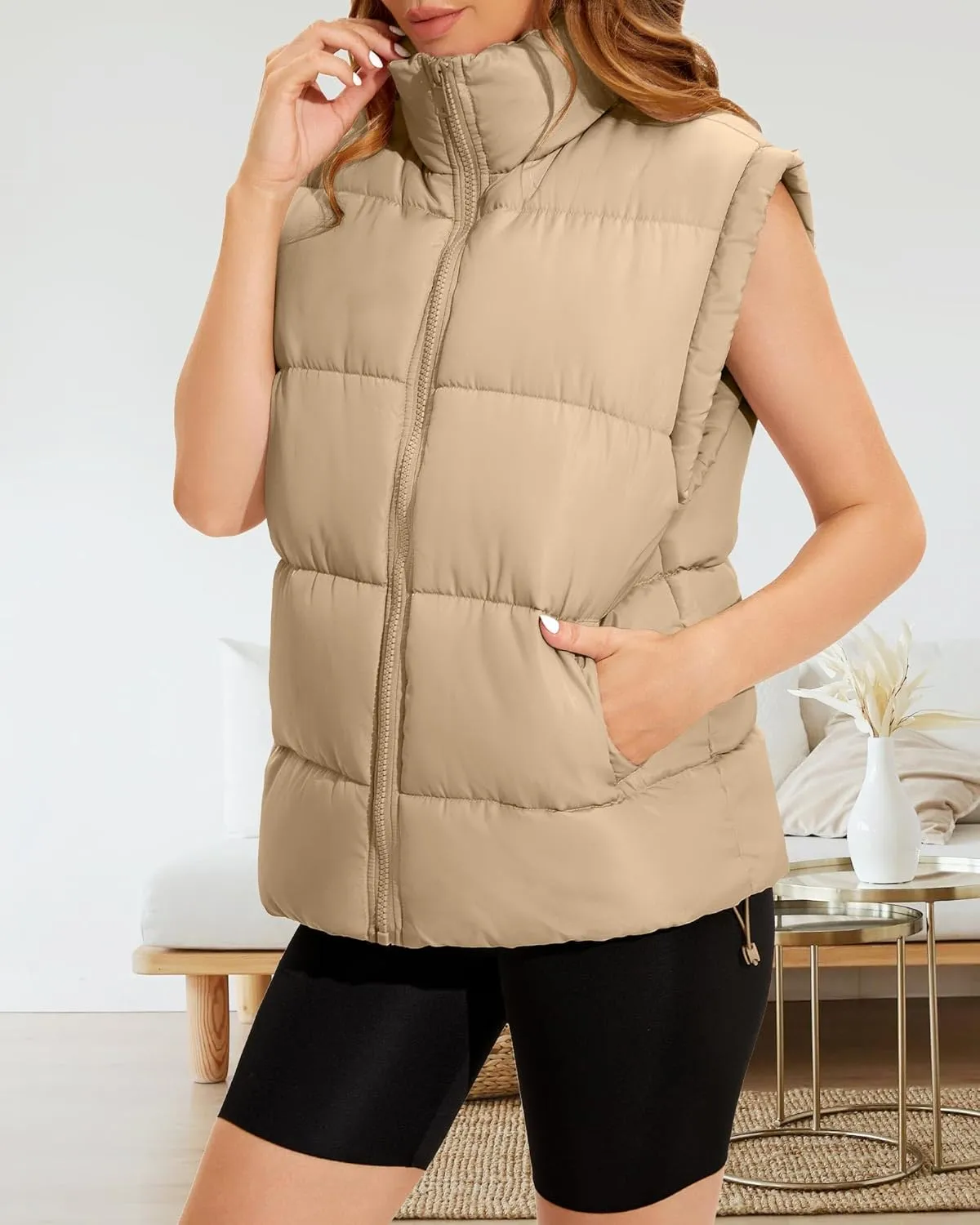 Polu Womens Puffer Vests Oversized Outerwear Vests Stand Collar Sleeveless Padded Down Jackets with Pockets