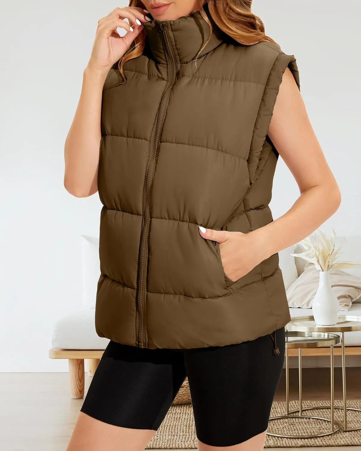 Polu Womens Puffer Vests Oversized Outerwear Vests Stand Collar Sleeveless Padded Down Jackets with Pockets